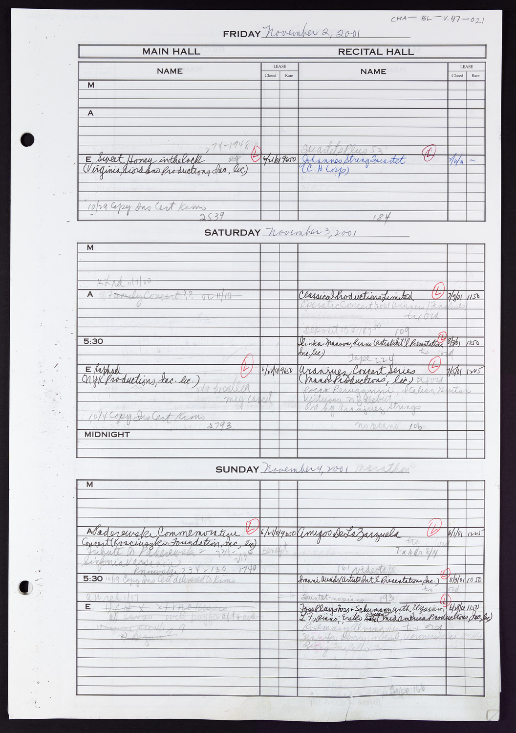 Carnegie Hall Booking Ledger, volume 47, page 21