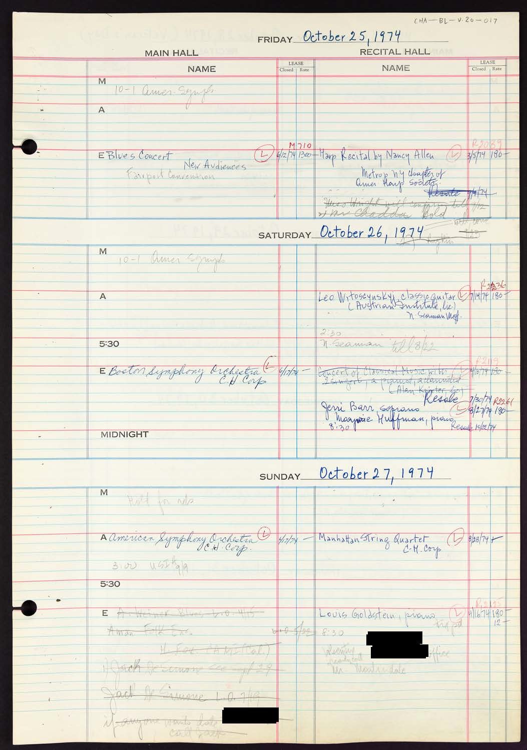 Carnegie Hall Booking Ledger, volume 20, page 17