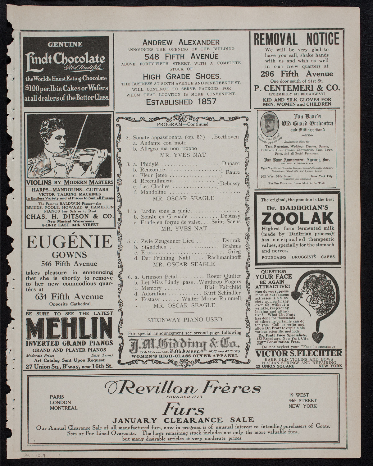 Oscar Seagle, Tenor, January 18, 1912, program page 7