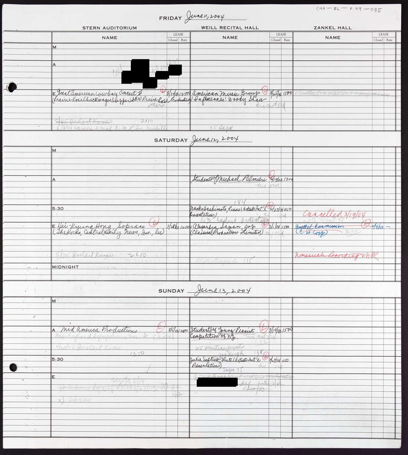 Carnegie Hall Booking Ledger, volume 49, page 85