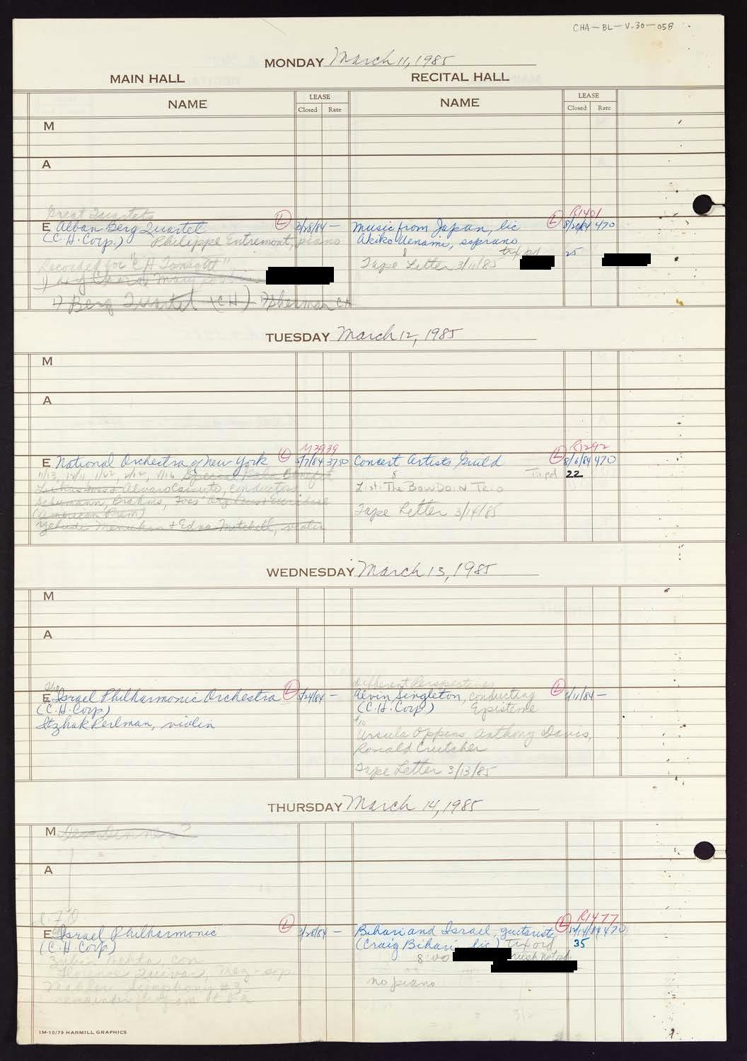 Carnegie Hall Booking Ledger, volume 30, page 58
