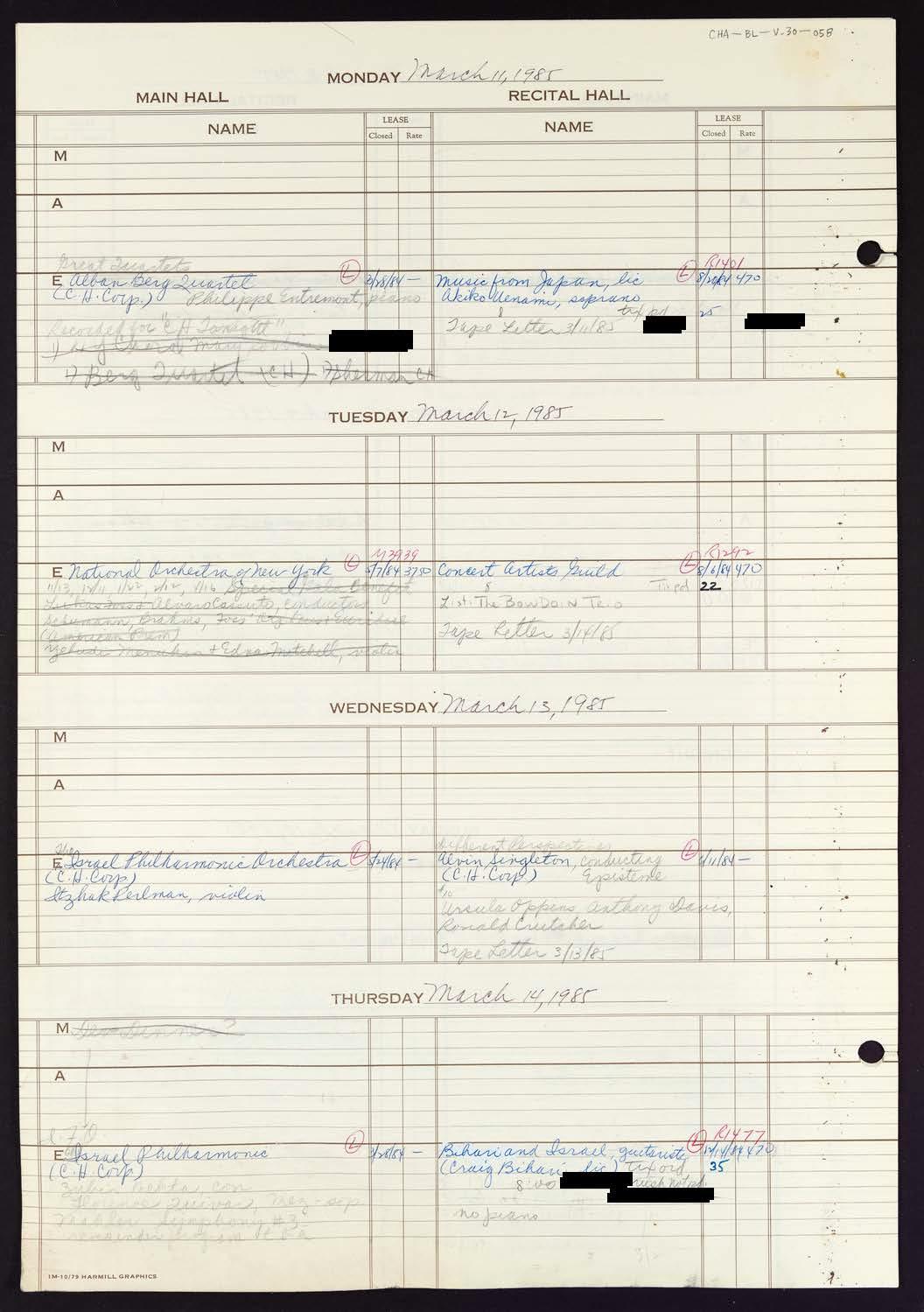 Carnegie Hall Booking Ledger, volume 30, page 58