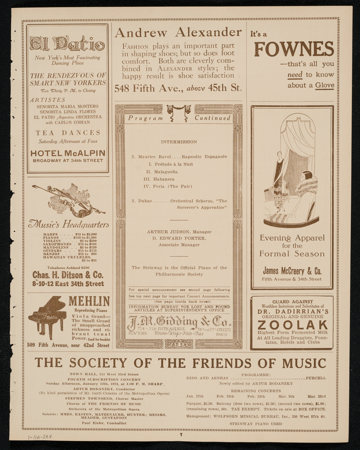 New York Philharmonic, January 11, 1924, program page 7