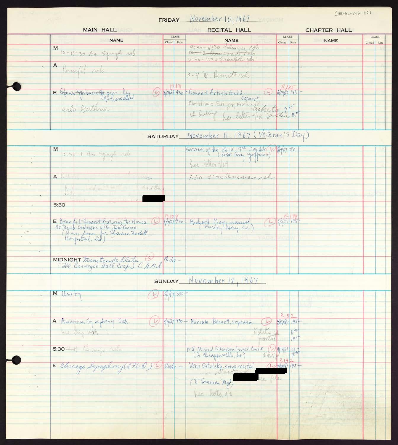 Carnegie Hall Booking Ledger, volume 13, page 21