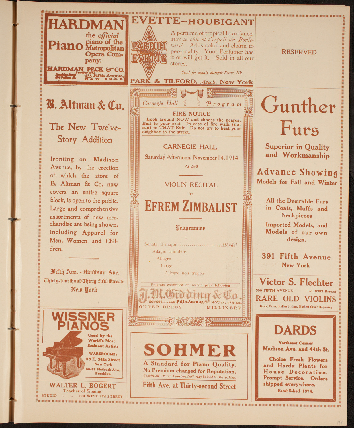 Efrem Zimbalist, Violin, November 14, 1914, program page 5