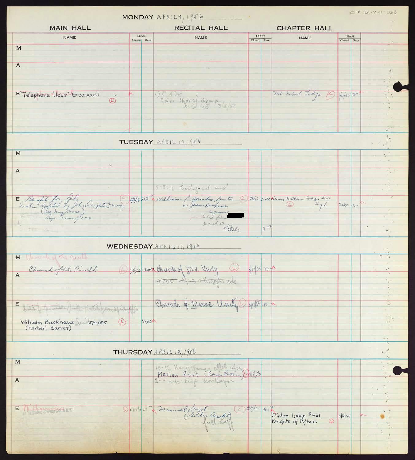 Carnegie Hall Booking Ledger, volume 1, page 58