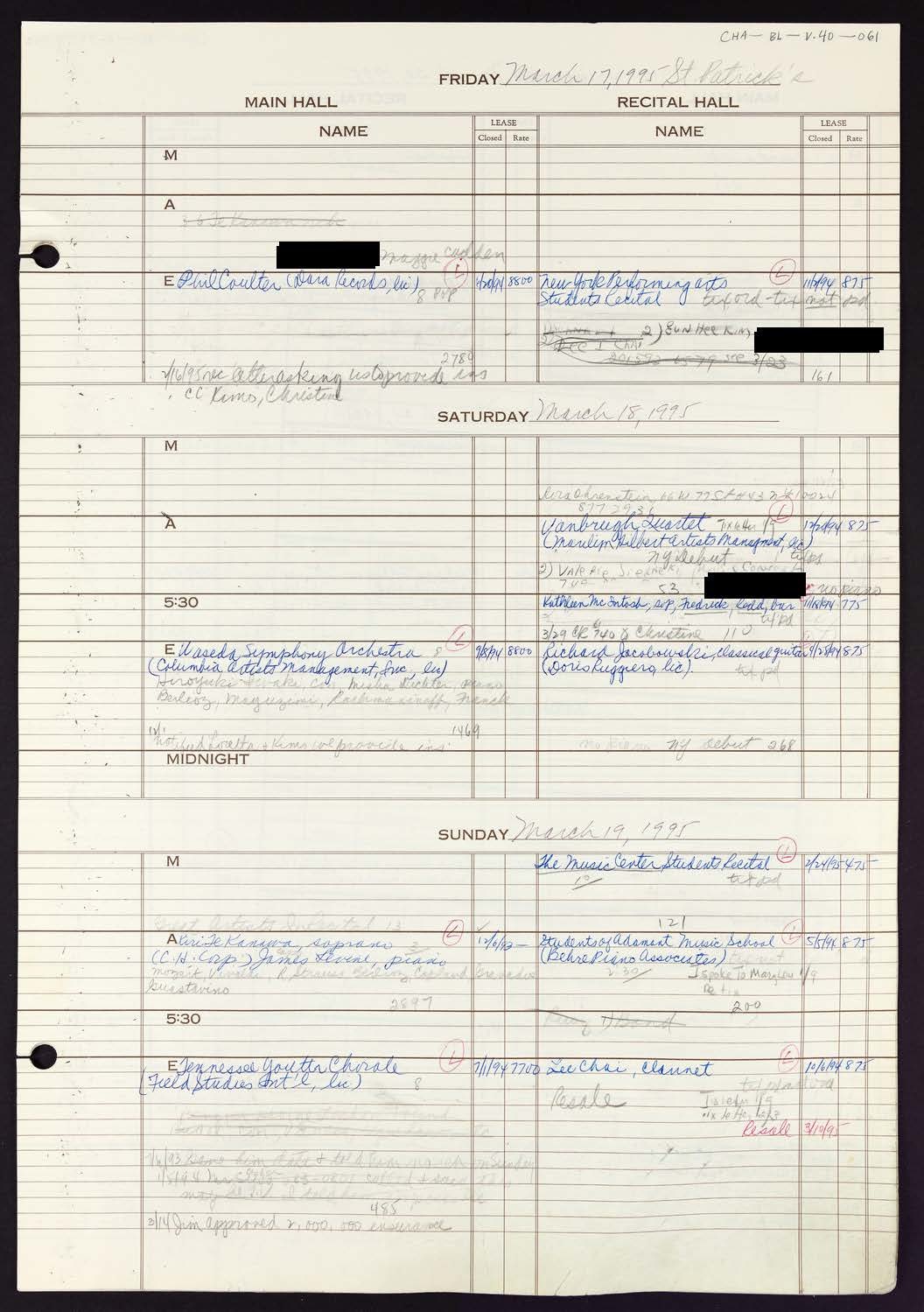 Carnegie Hall Booking Ledger, volume 40, page 61