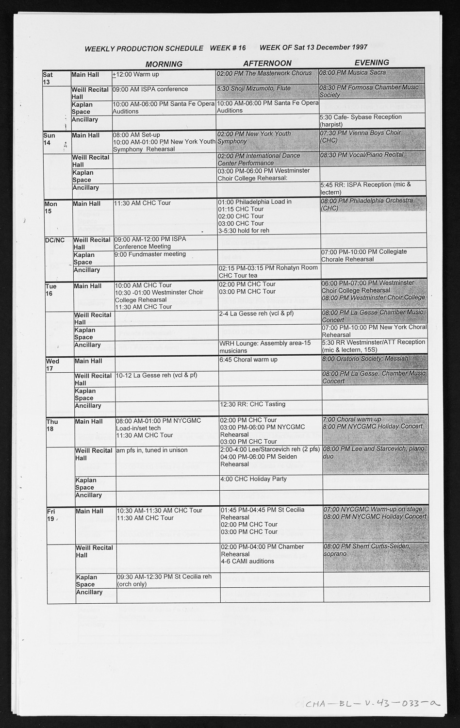 Carnegie Hall Booking Ledger, volume 43, page 33a