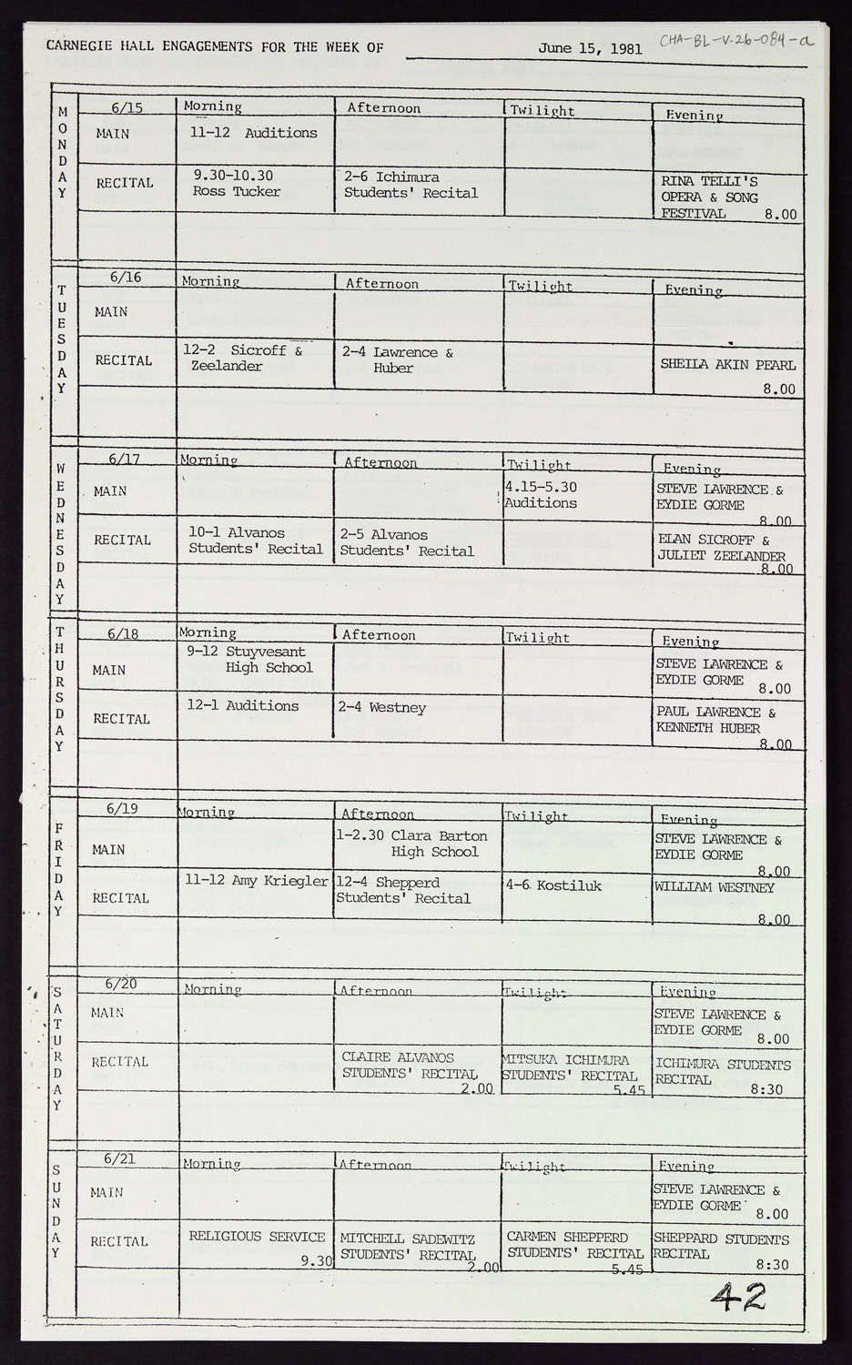 Carnegie Hall Booking Ledger, volume 26, page 84a