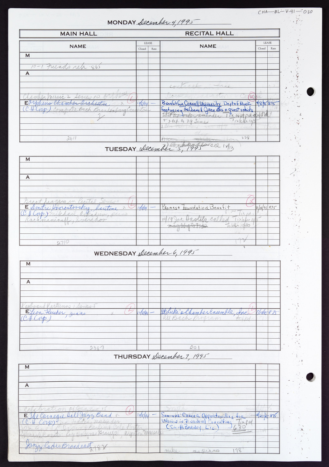 Carnegie Hall Booking Ledger, volume 41, page 30