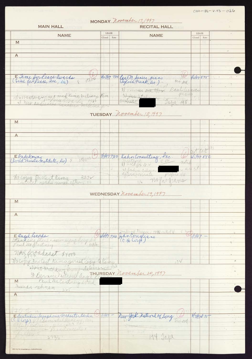 Carnegie Hall Booking Ledger, volume 43, page 26