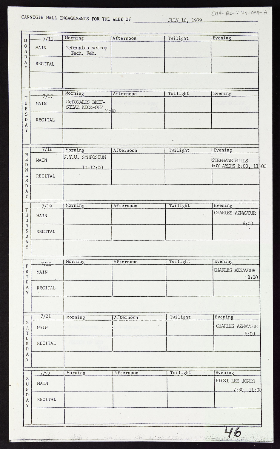 Carnegie Hall Booking Ledger, volume 24, page 94a