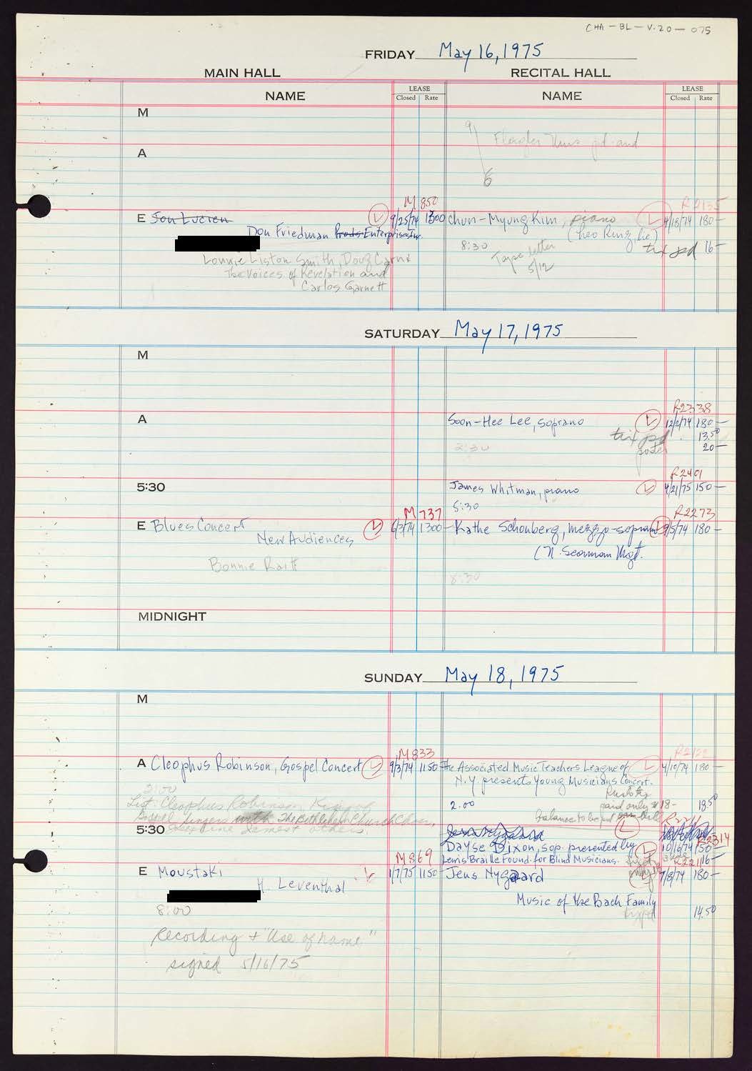 Carnegie Hall Booking Ledger, volume 20, page 75
