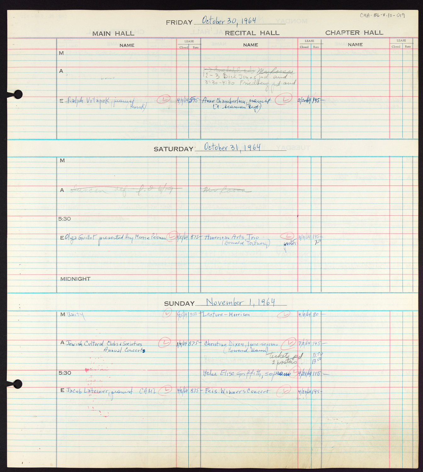 Carnegie Hall Booking Ledger, volume 10, page 19