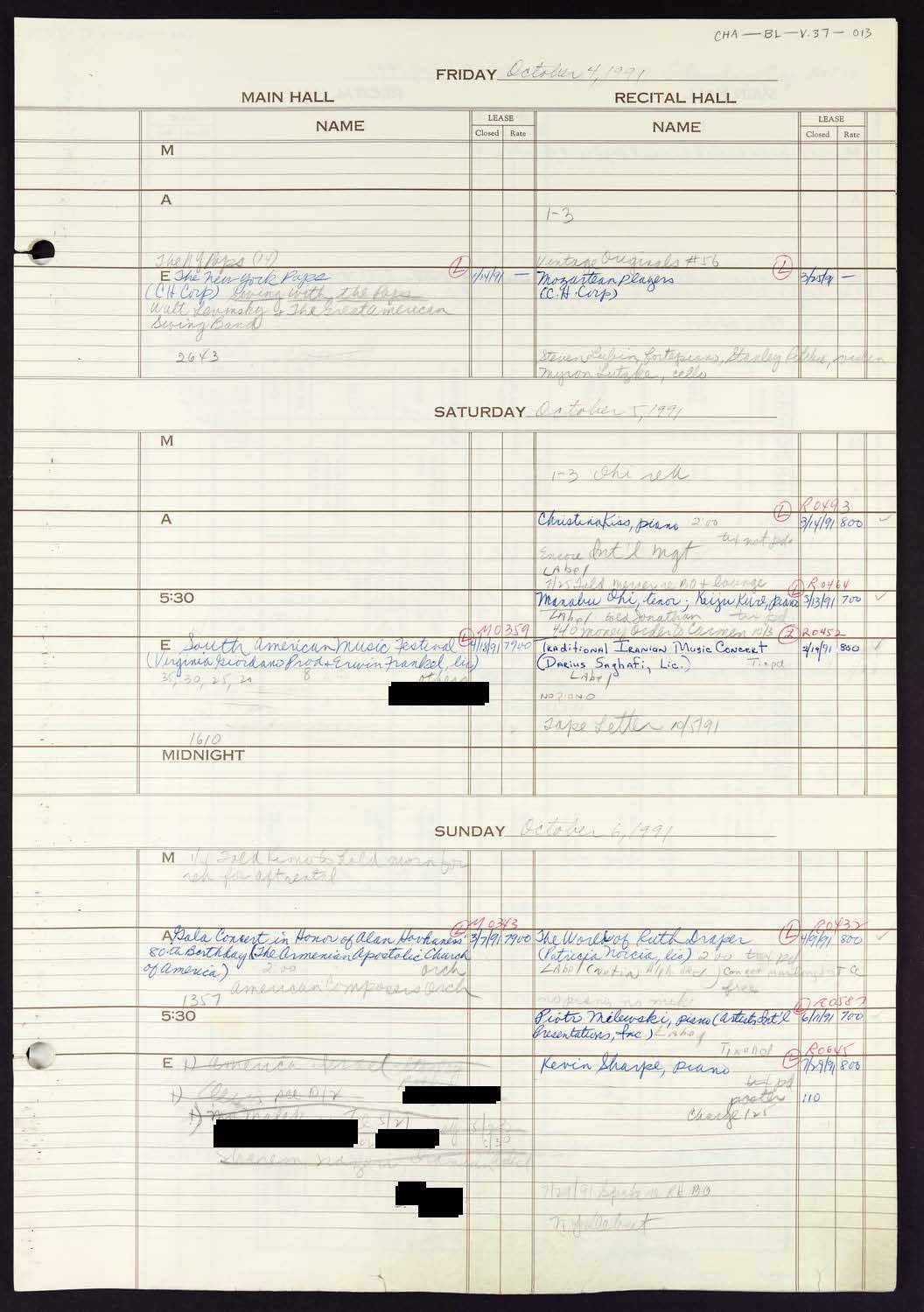 Carnegie Hall Booking Ledger, volume 37, page 13