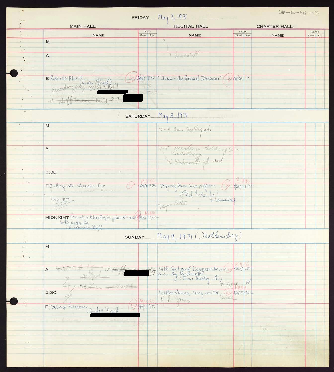 Carnegie Hall Booking Ledger, volume 16, page 73