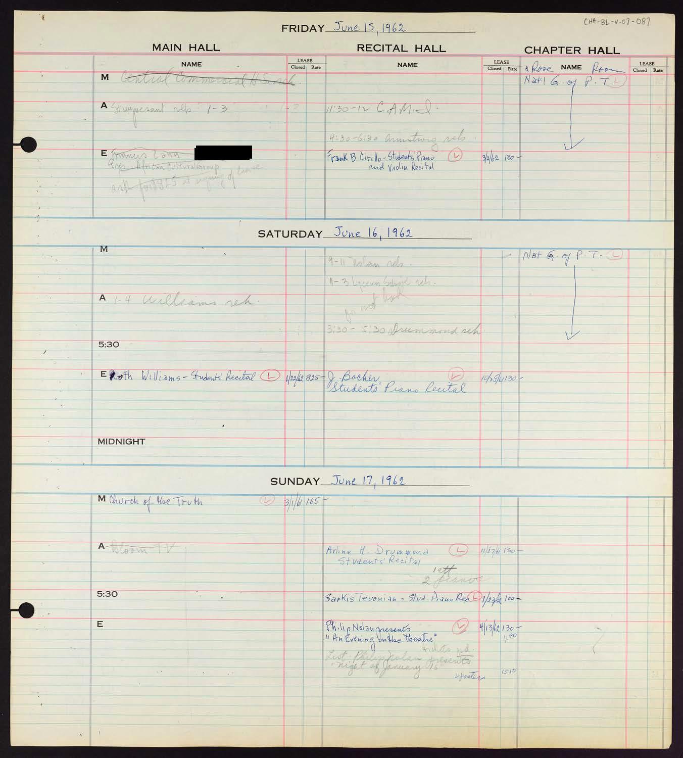 Carnegie Hall Booking Ledger, volume 7, page 87