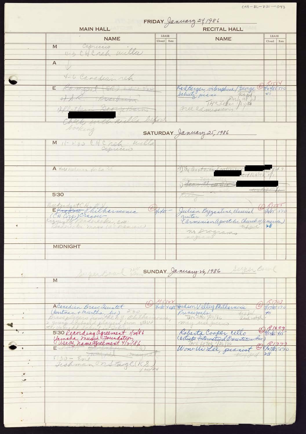 Carnegie Hall Booking Ledger, volume 31, page 43