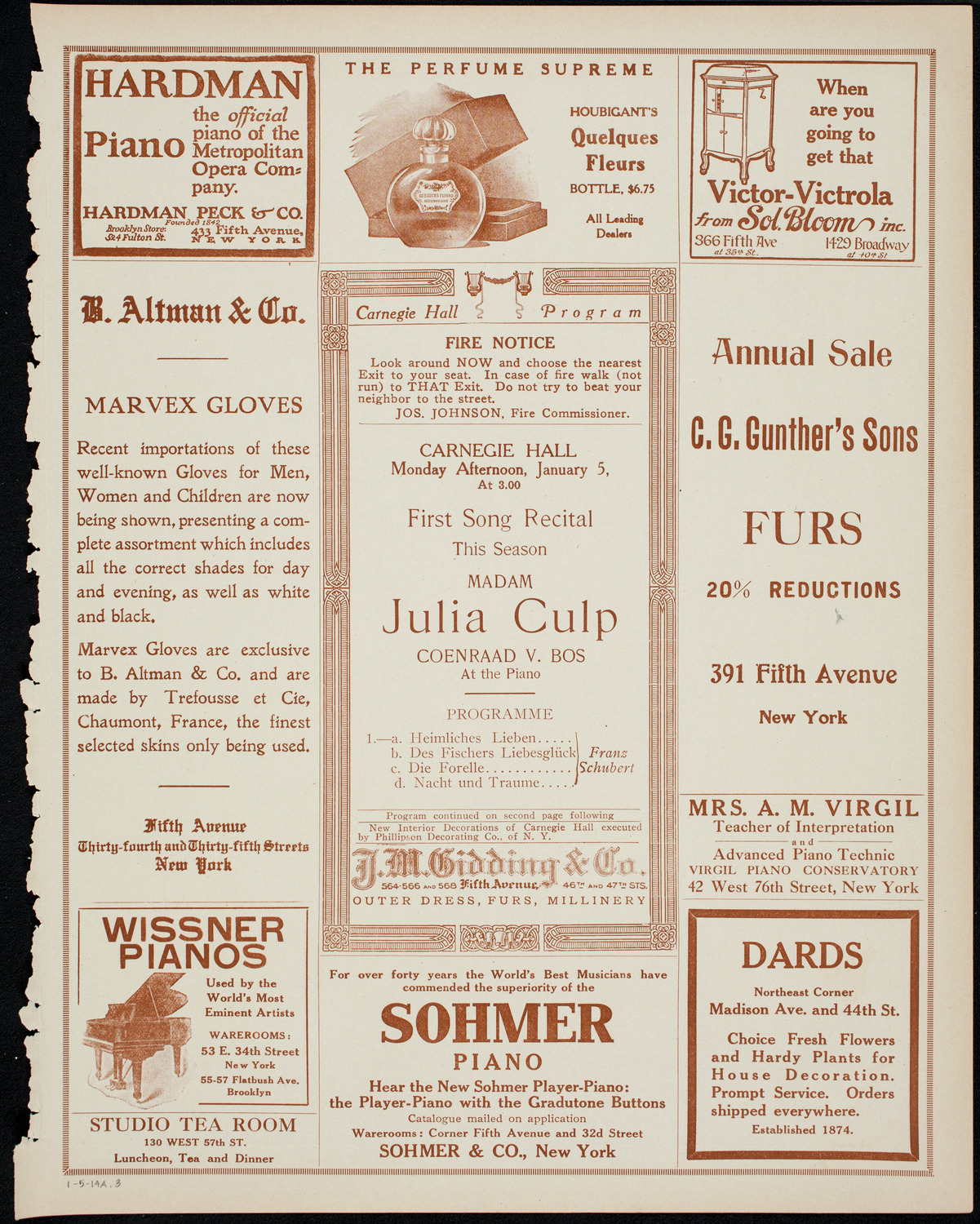Julia Culp, Contralto, January 5, 1914, program page 5