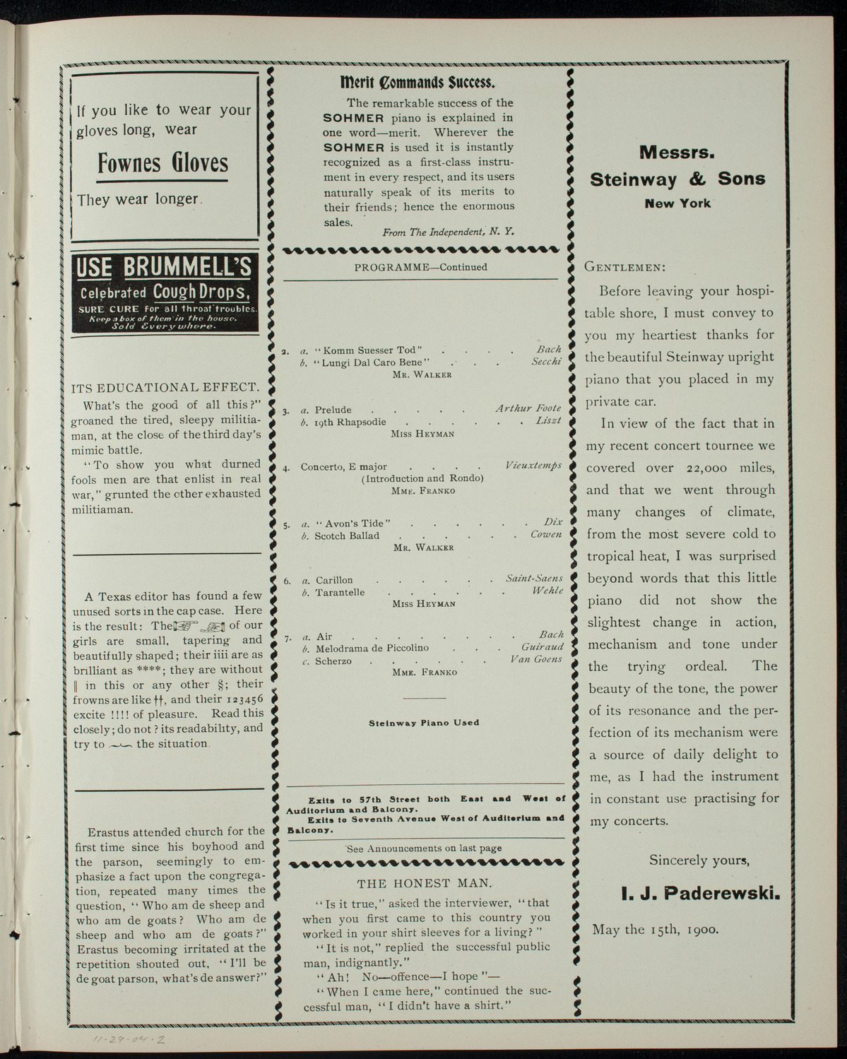 Mme. Jeanne Franko, November 29, 1904, program page 3