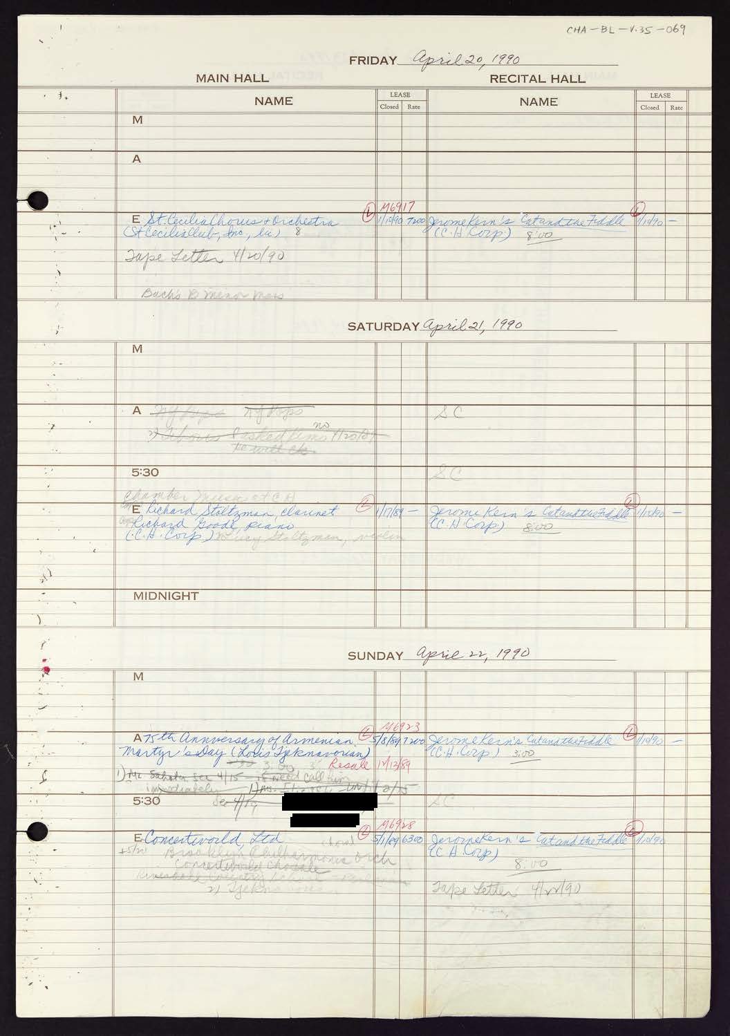 Carnegie Hall Booking Ledger, volume 35, page 69