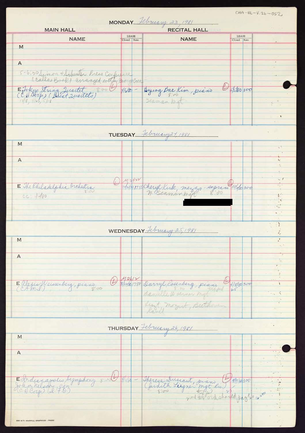 Carnegie Hall Booking Ledger, volume 26, page 52