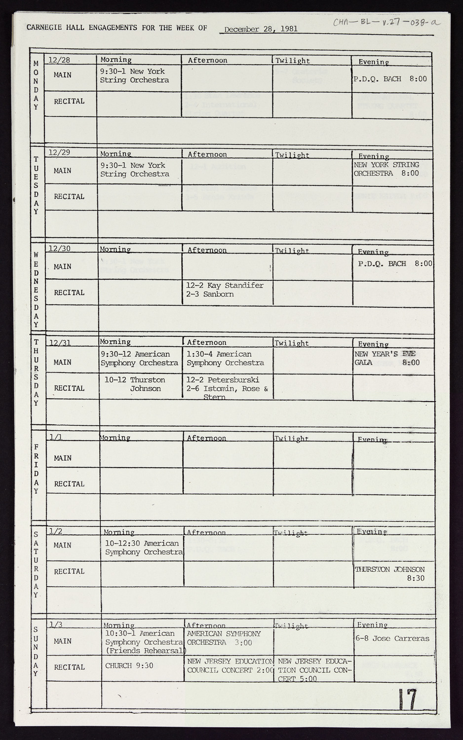 Carnegie Hall Booking Ledger, volume 27, page 38a