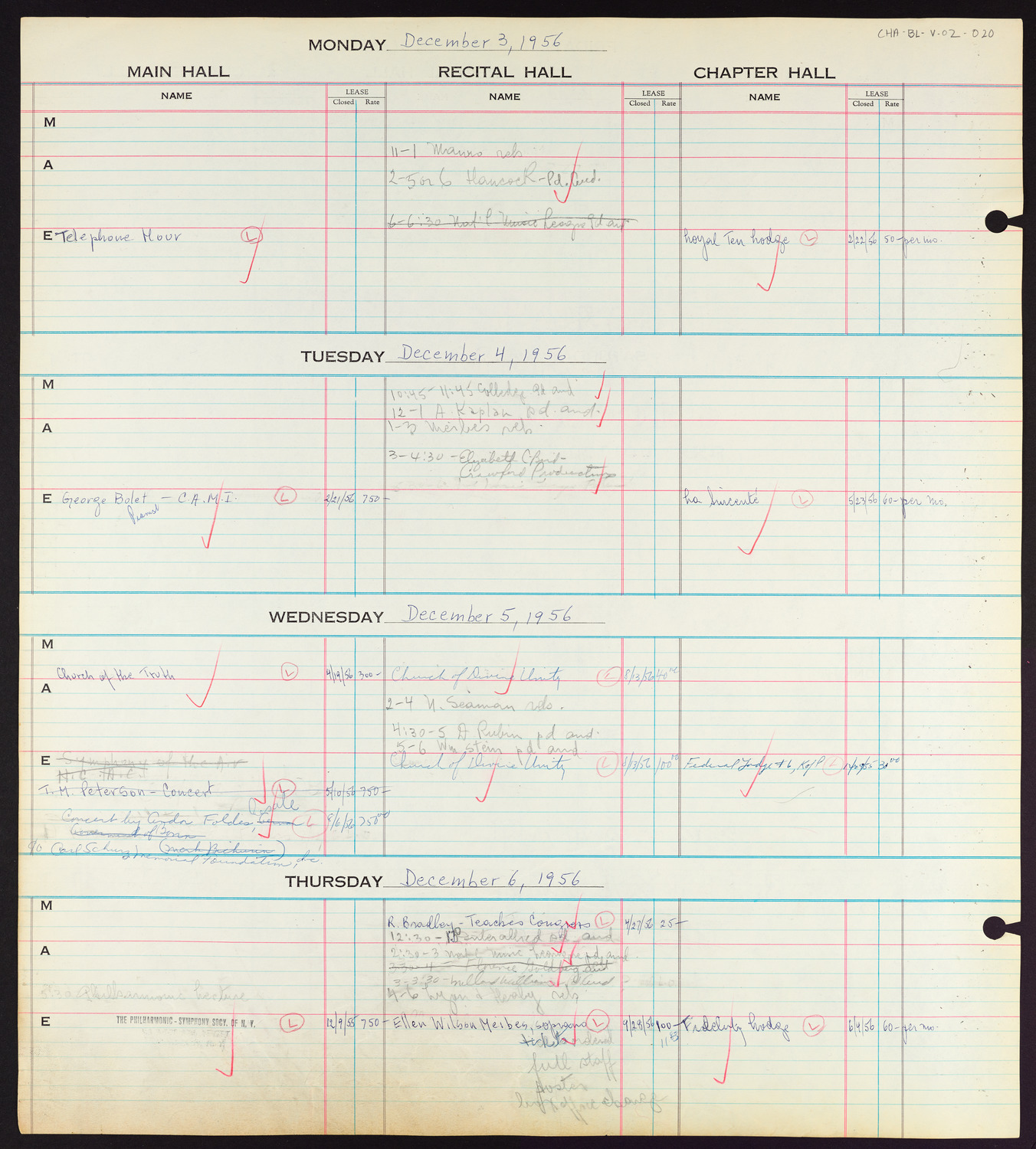 Carnegie Hall Booking Ledger, volume 2, page 20