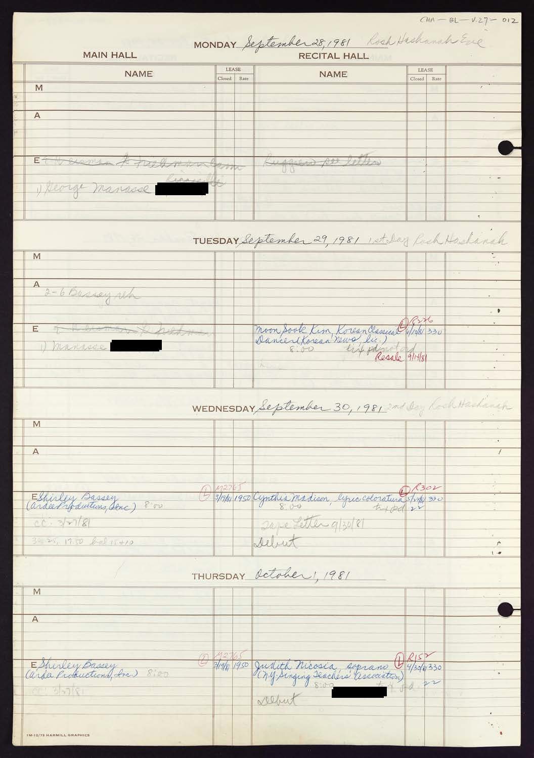 Carnegie Hall Booking Ledger, volume 27, page 12