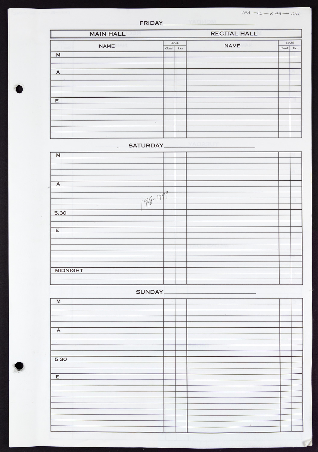 Carnegie Hall Booking Ledger, volume 44, page 1