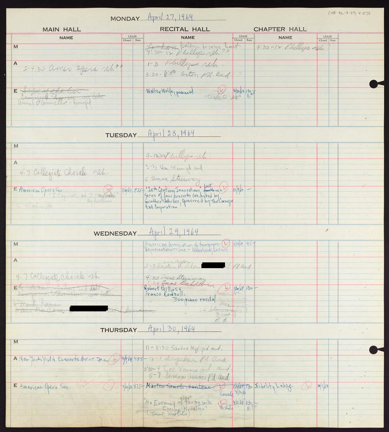 Carnegie Hall Booking Ledger, volume 9, page 70