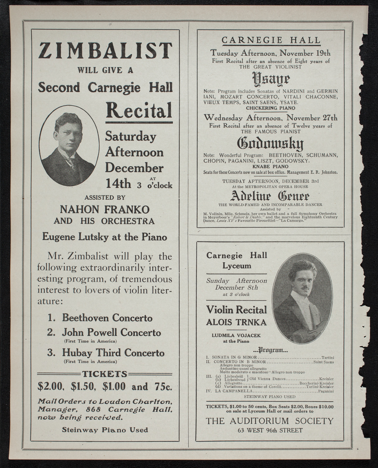 Efrem Zimbalist, Violin, November 12, 1912, program page 10
