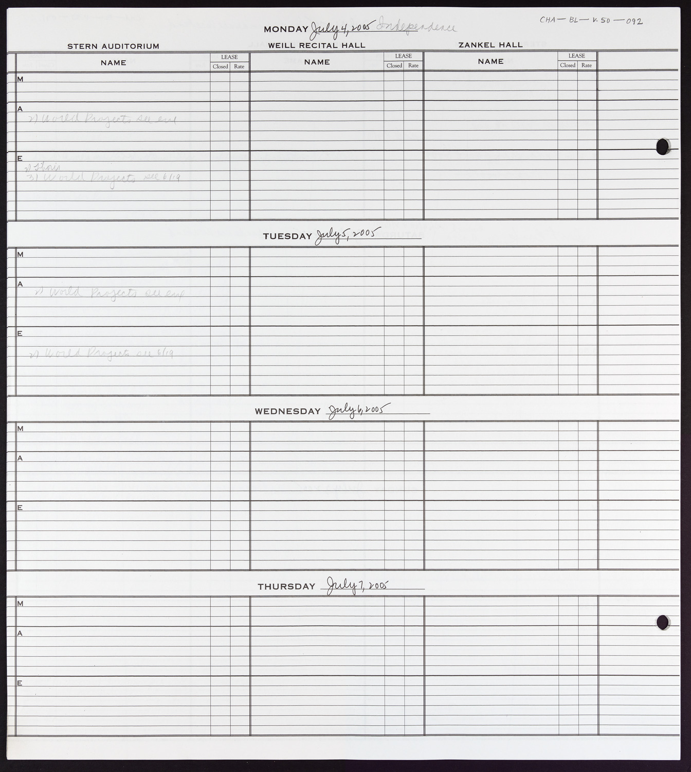 Carnegie Hall Booking Ledger, volume 50, page 92