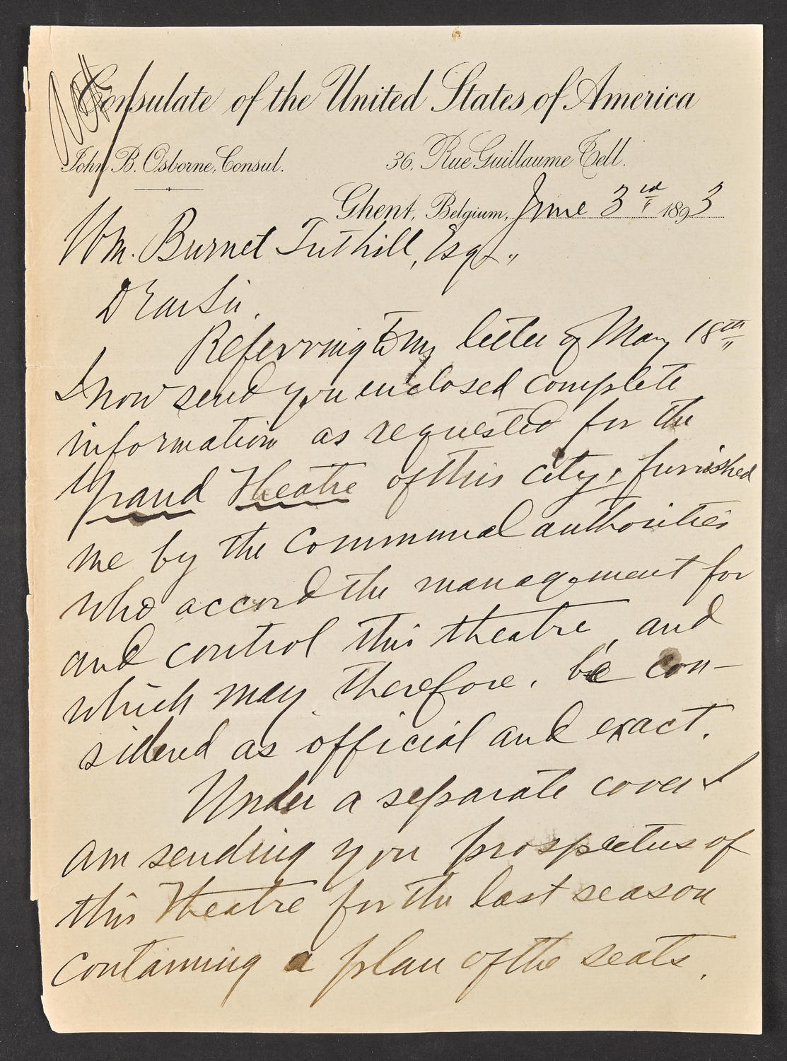 Letter from John B. Osborn, US Consul in Gand, June 3, 1893, page 1 of 3