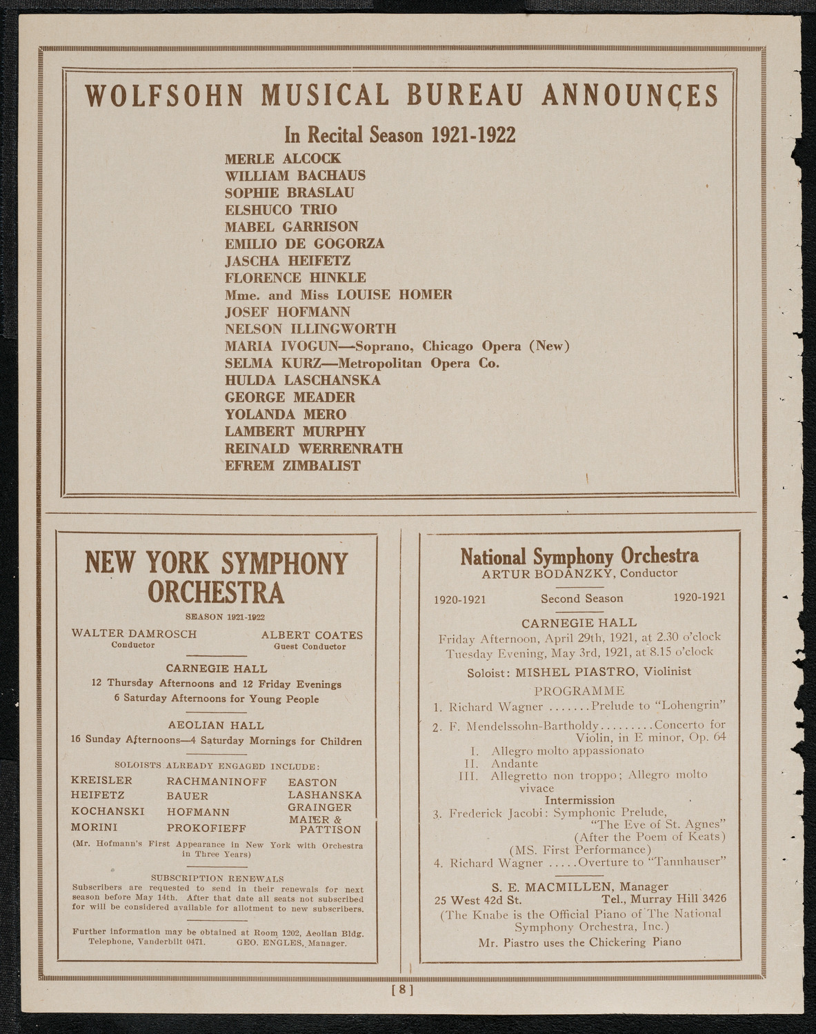 Josef Rosenblatt, Tenor and Mana Zucca, Composer and Pianist, April 27, 1921, program page 8