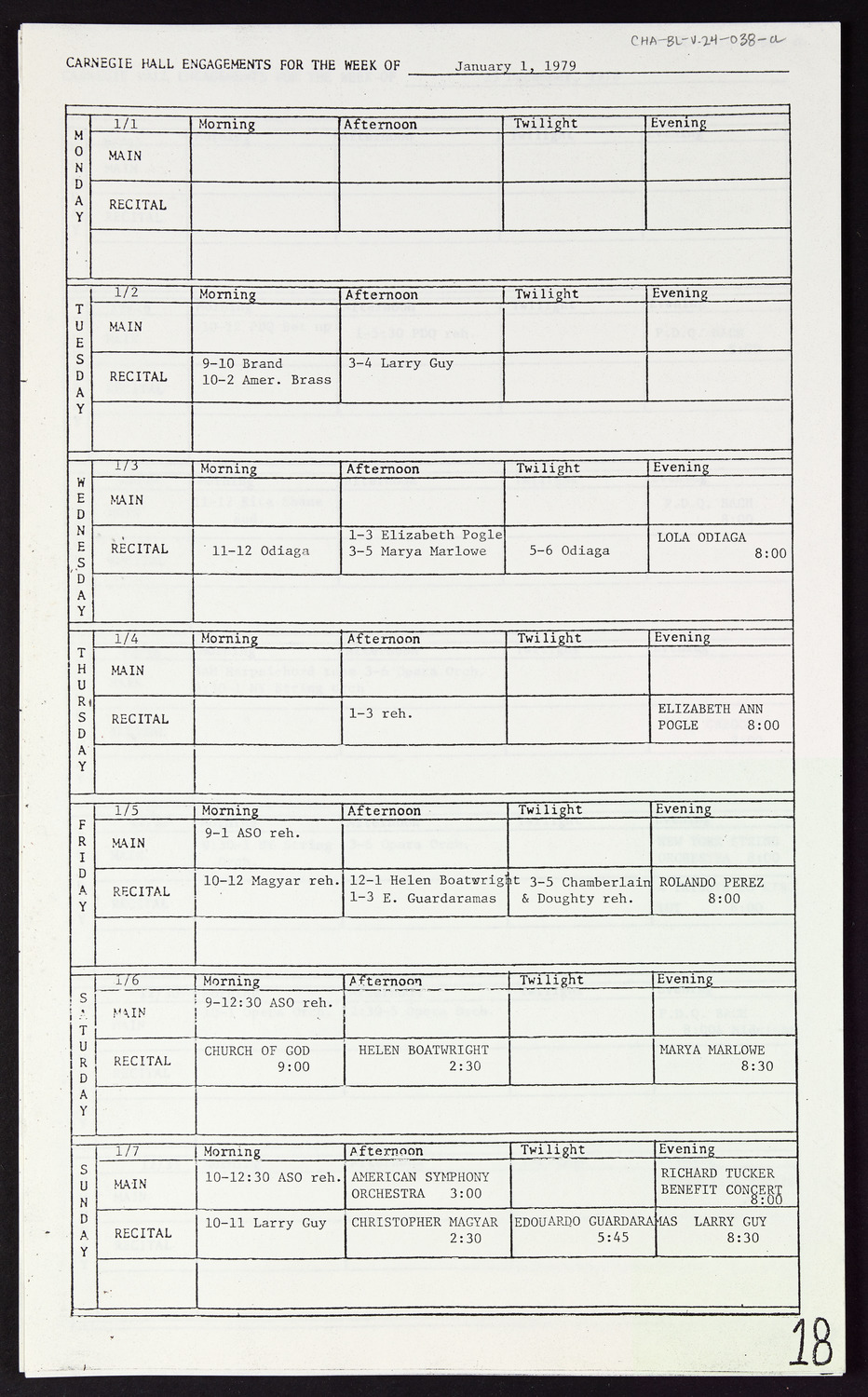 Carnegie Hall Booking Ledger, volume 24, page 38a