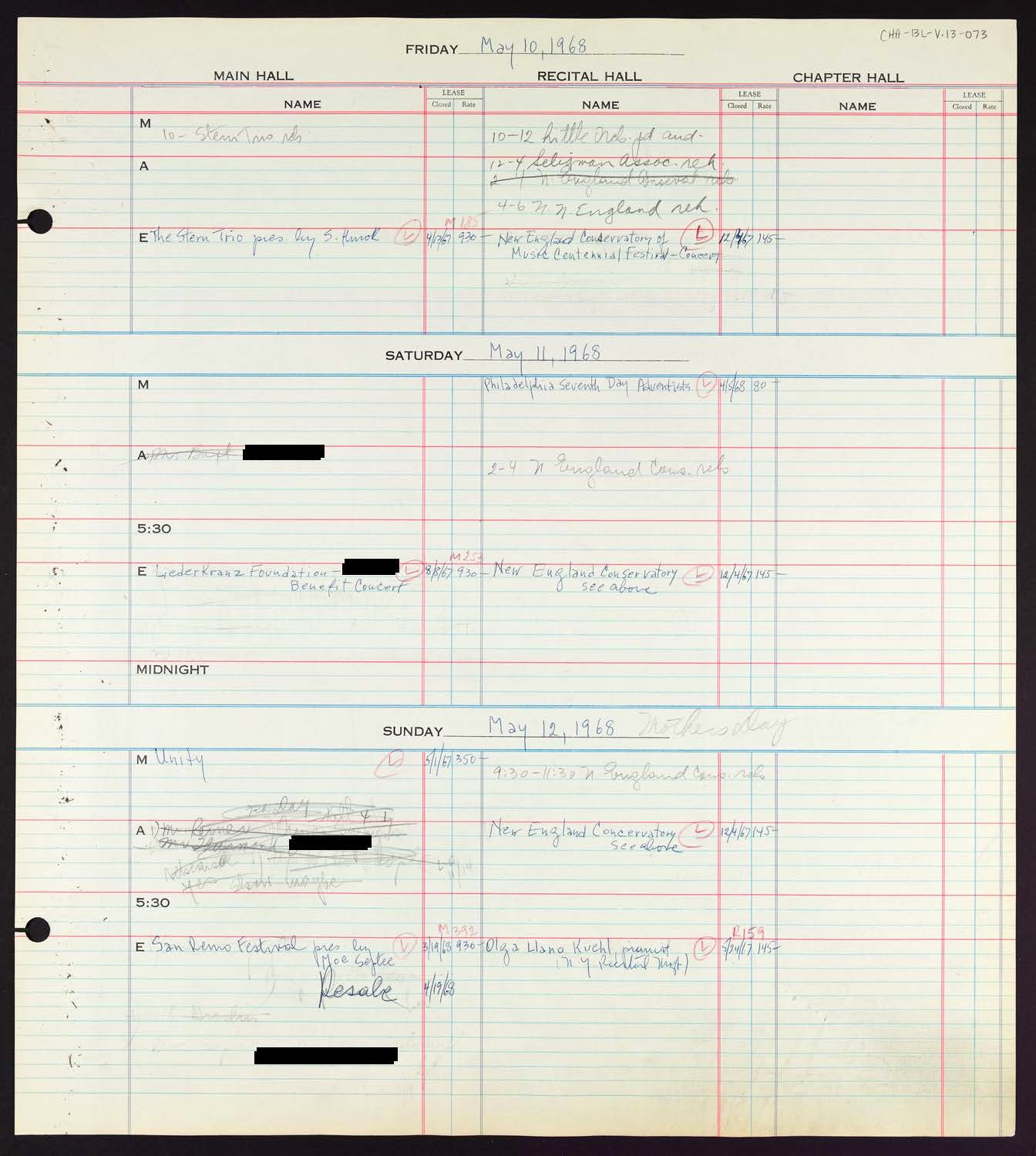 Carnegie Hall Booking Ledger, volume 13, page 73