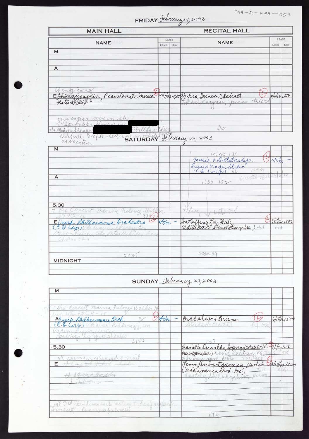 Carnegie Hall Booking Ledger, volume 48, page 53