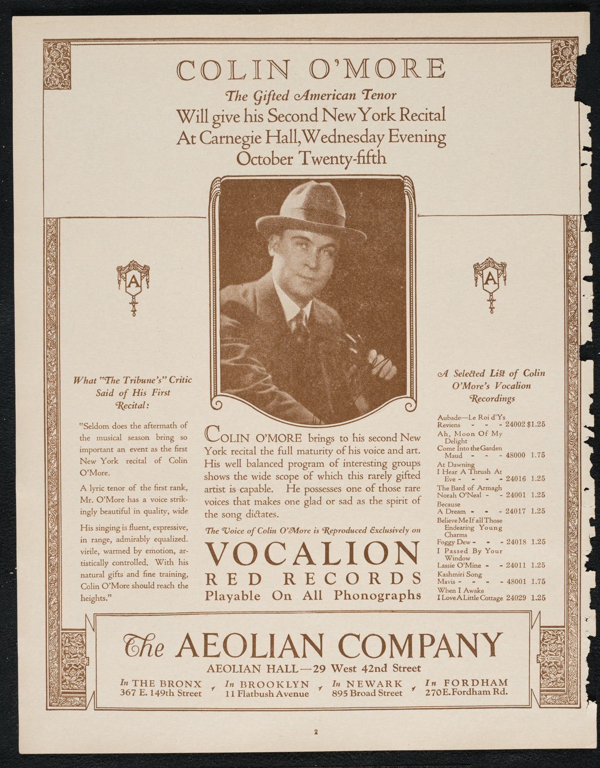 Colin O'More, Tenor, October 25, 1922, program page 2