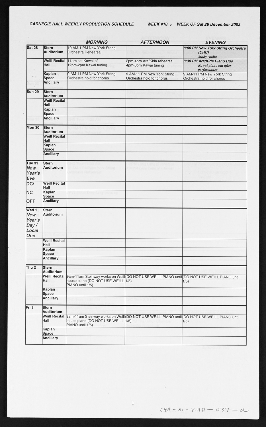 Carnegie Hall Booking Ledger, volume 48, page 37a