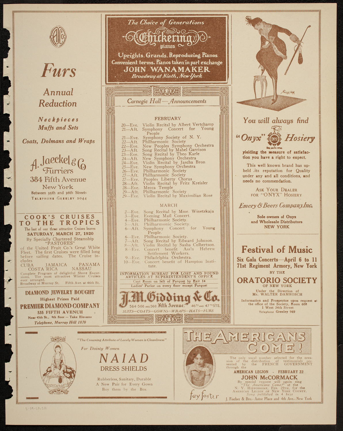 Alfred Cortot, Piano, with the New York Symphony Orchestra, February 19, 1920, program page 3