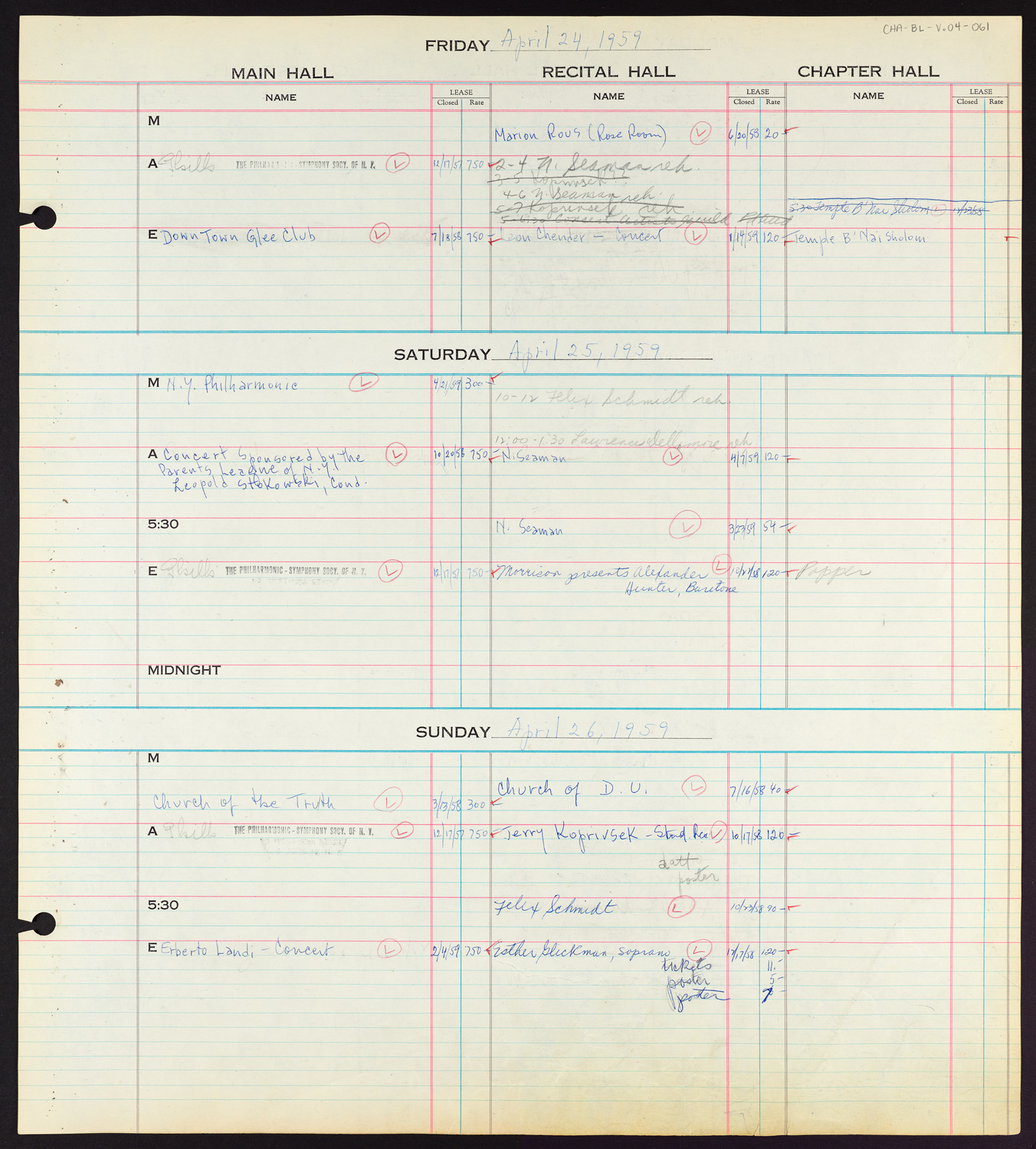 Carnegie Hall Booking Ledger, volume 4, page 61