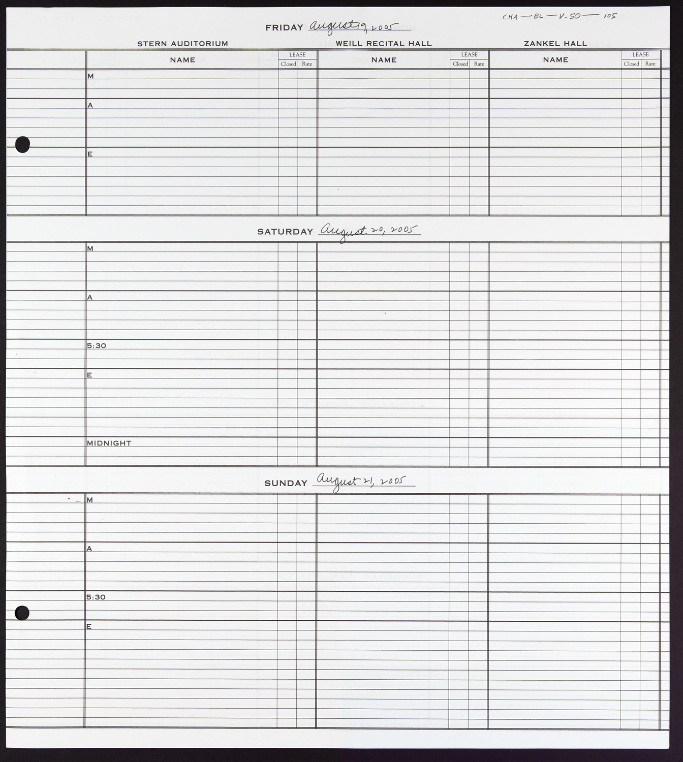 Carnegie Hall Booking Ledger, volume 50, page 105