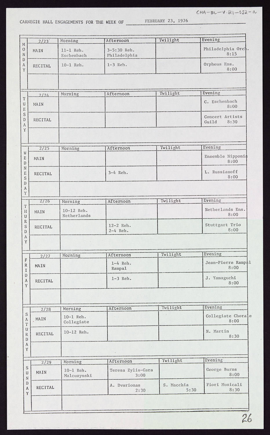 Carnegie Hall Booking Ledger, volume 21, page 52a