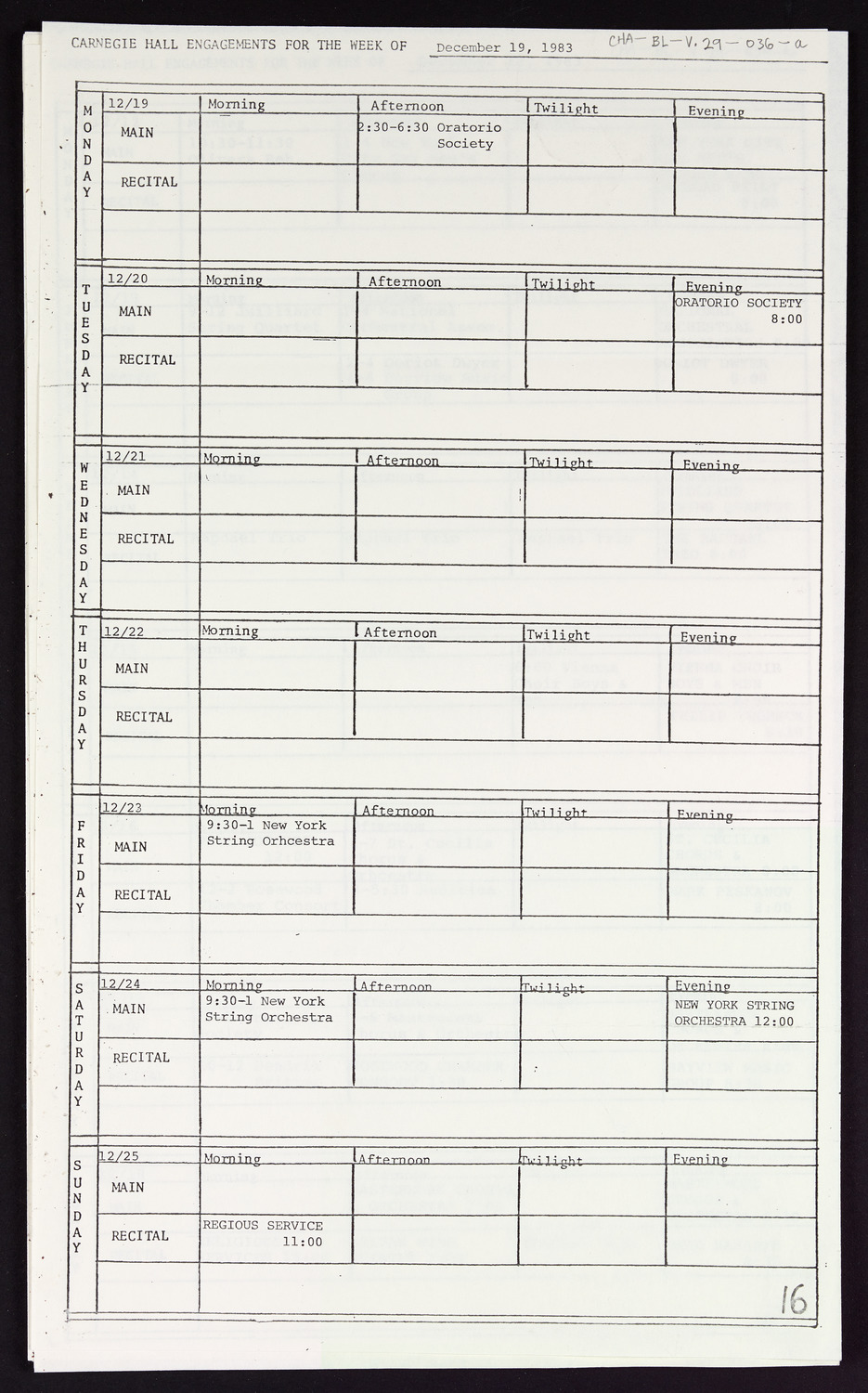 Carnegie Hall Booking Ledger, volume 29, page 36a