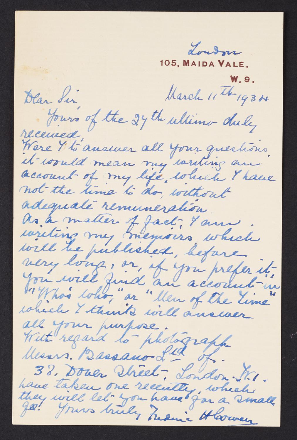 Correspondence from Sir Frederic Hymen Cowen to David Ewen
