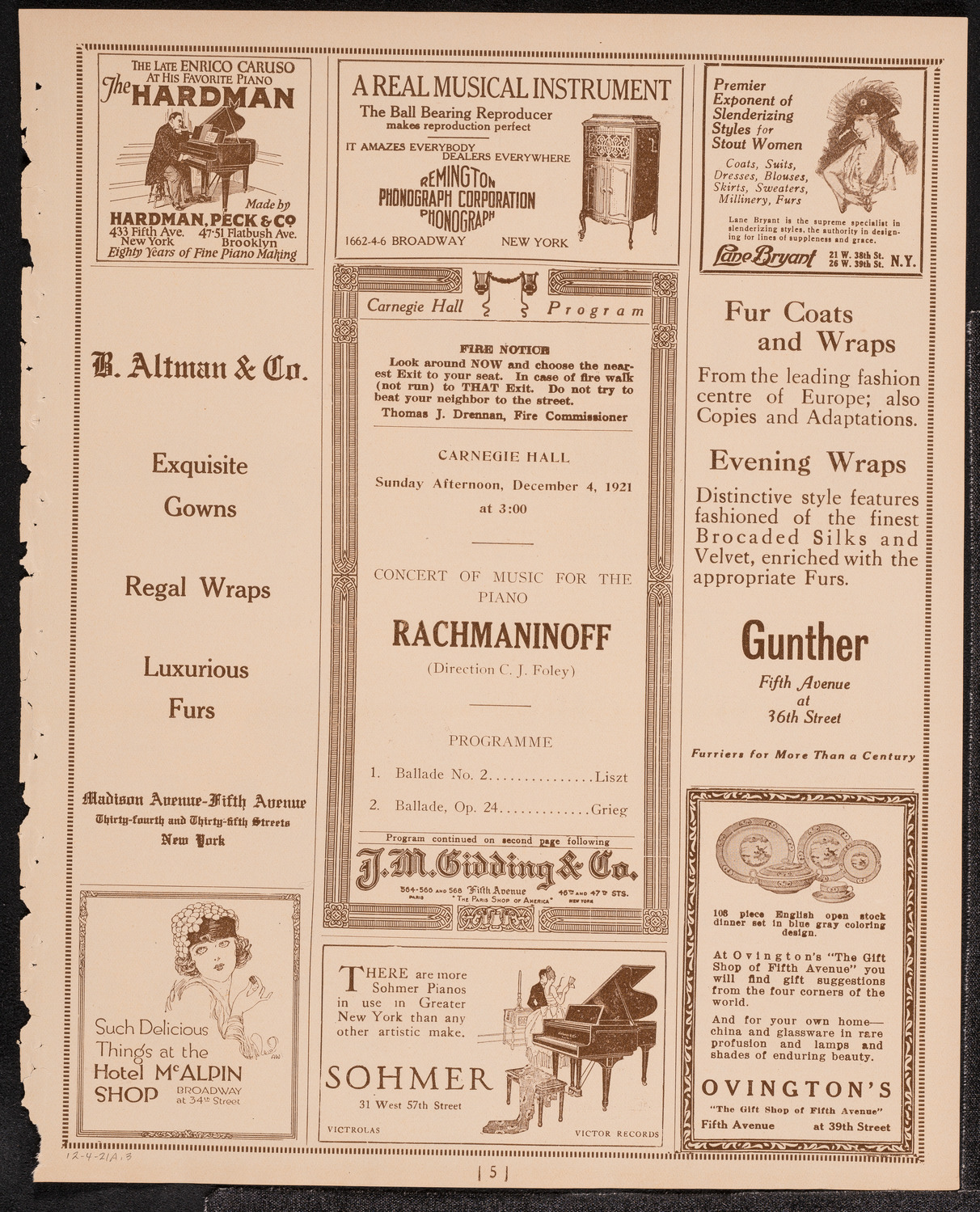 Sergei Rachmaninoff, Piano, December 4, 1921, program page 5