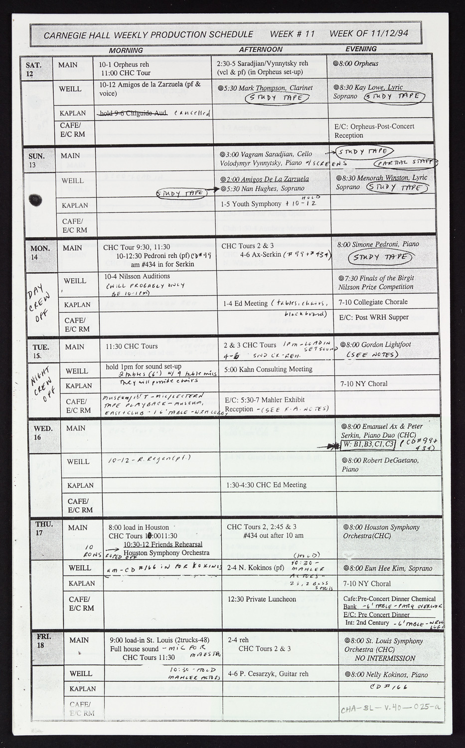 Carnegie Hall Booking Ledger, volume 40, page 25a