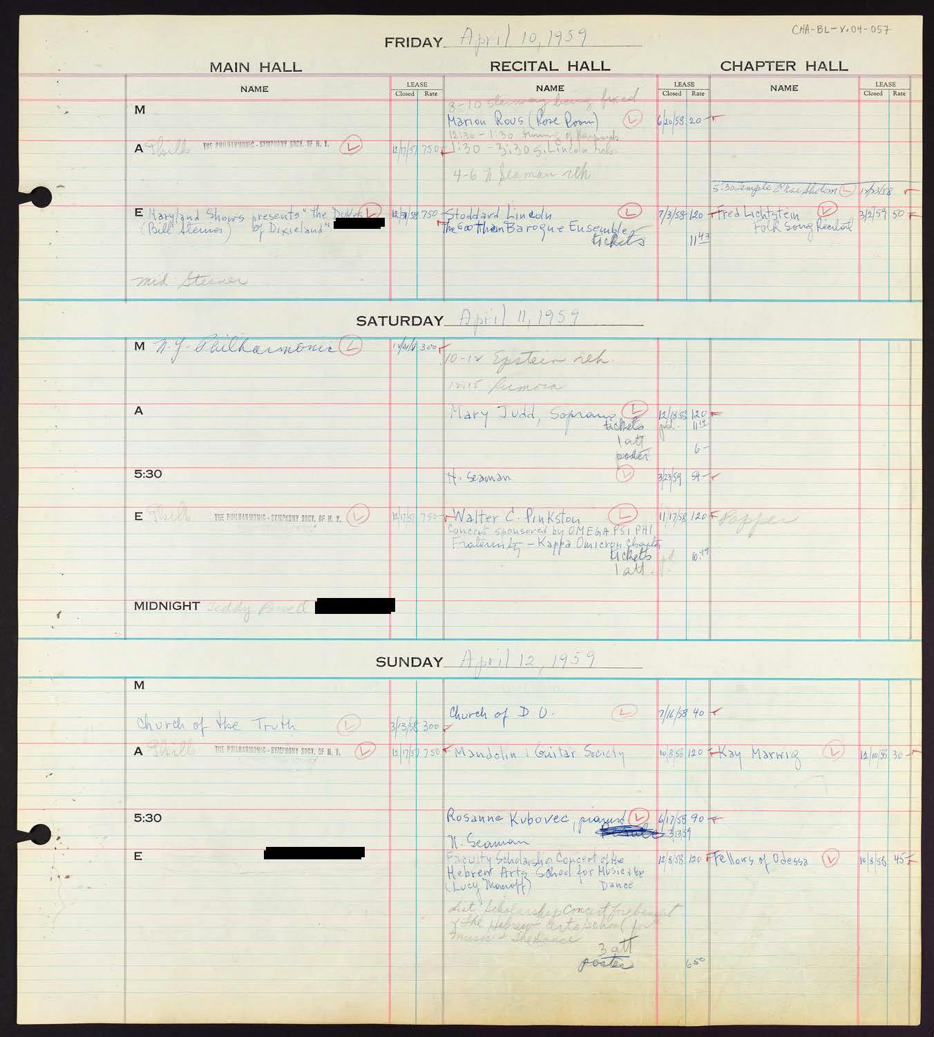 Carnegie Hall Booking Ledger, volume 4, page 57