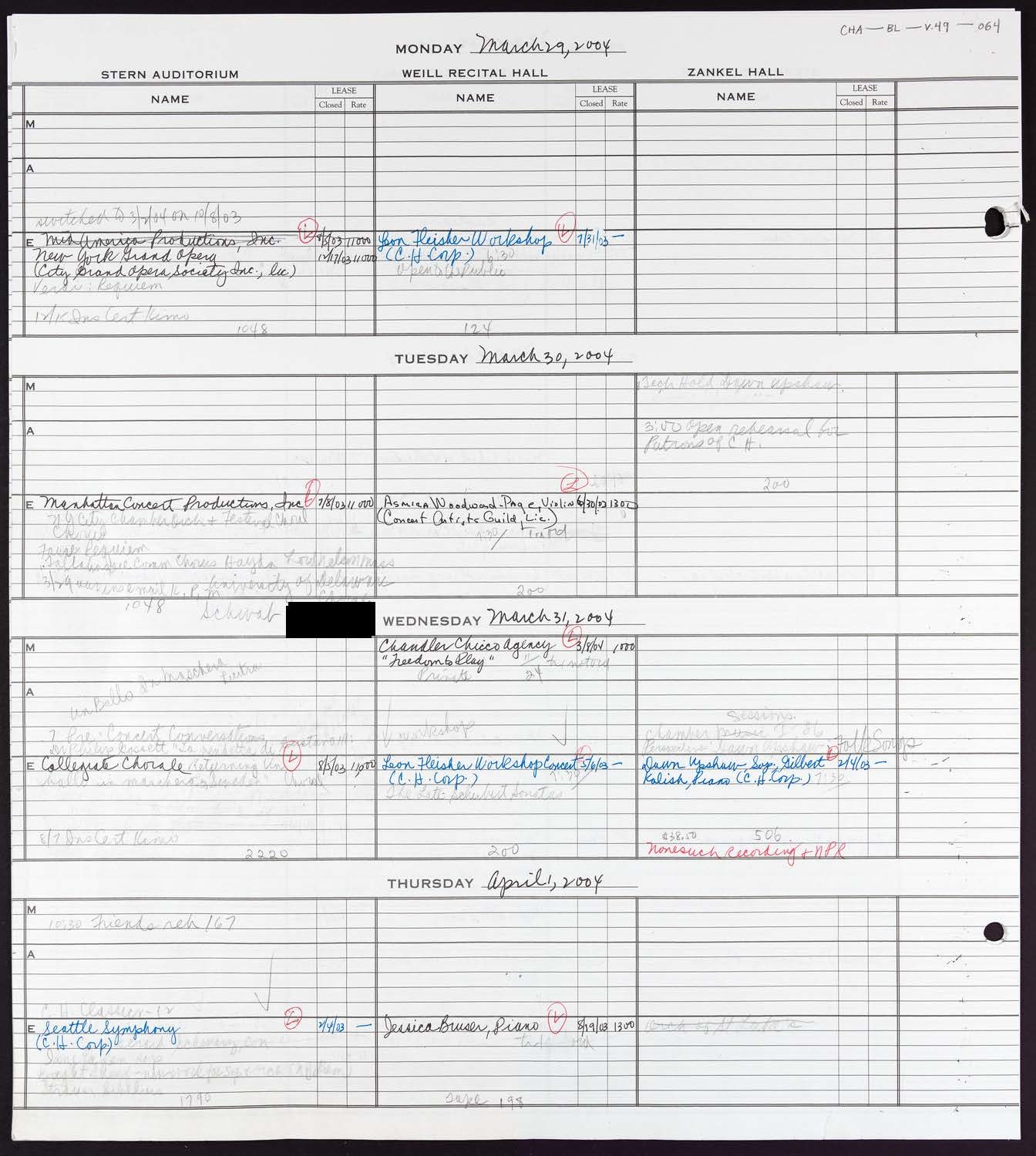 Carnegie Hall Booking Ledger, volume 49, page 64